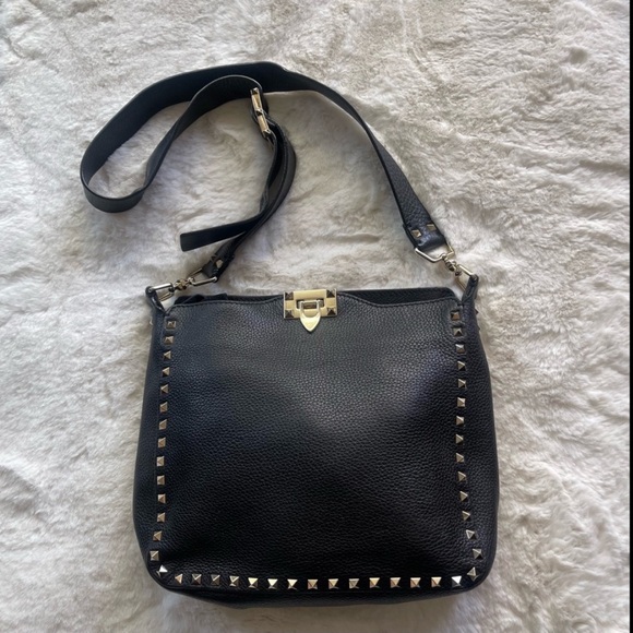 Valentino Garavani Handbags - Valentino Garavani Black Hobo Leather Messenger Rockstud Bag